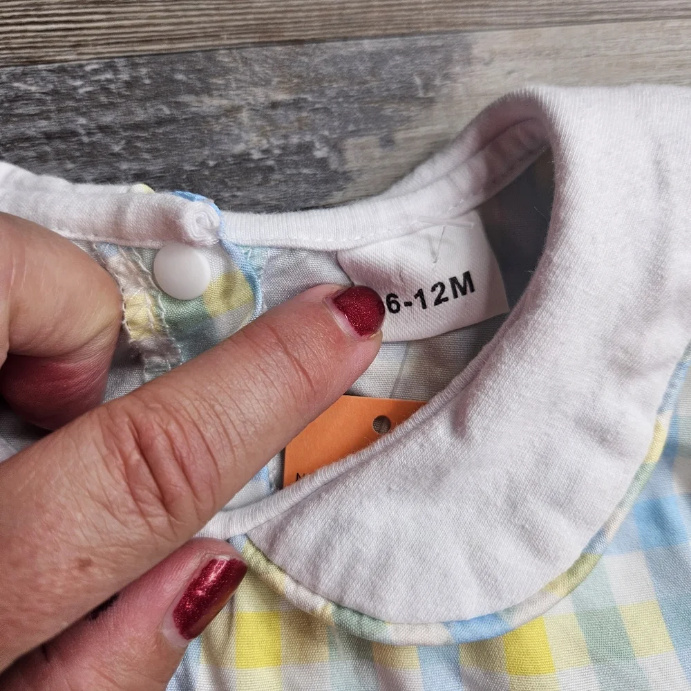 Baby Bubble 6-12 Months Green Yellow Plaid Peter Pan Collar Smocked Easter Bunny - Picture 4 of 7